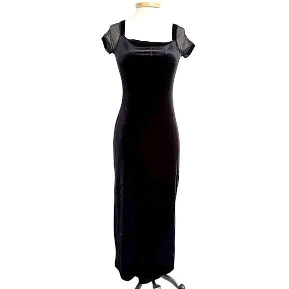 Necessary Objects Dresses & Skirts - Necessary Objects Vintage Black Velvet Maxi Dress Mesh Cap Sleeve Square Neck M